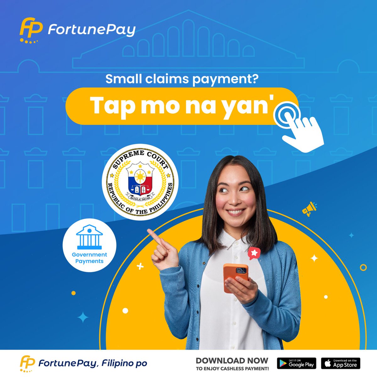 FortunePayPH's tweet photo. Small claims payment? Pay it with Fortune Pay! ๐๐
Tap mo na 'yan! Download the app now.
Play Store: https://t.co/uPiq67IAsk
App Store: https://t.co/ZoQ3kwy9zz
#FortunePay #YourMobileYourWallet https://t.co/5YMt9uEnTt