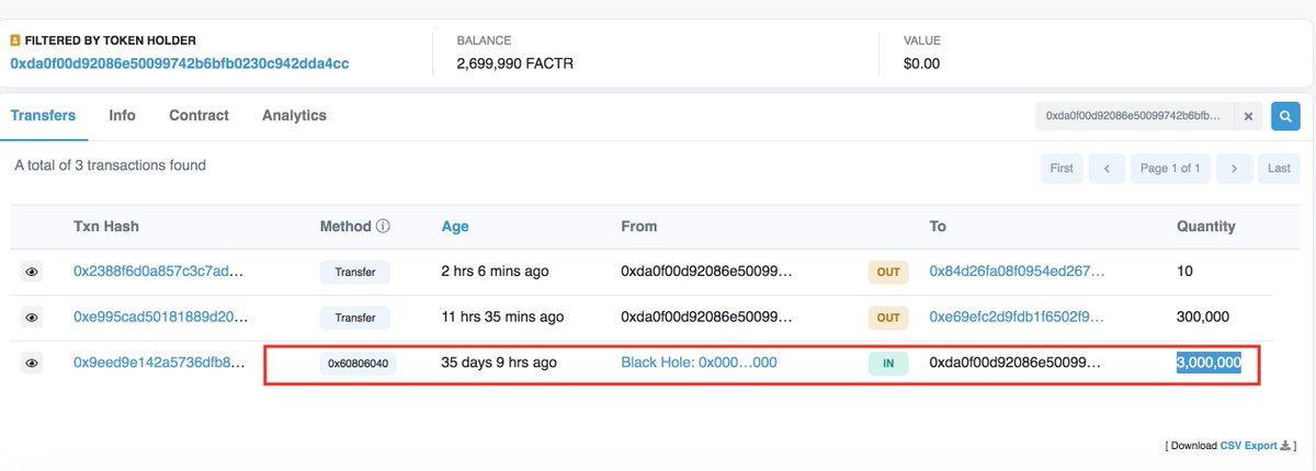 ChingonETH's tweet photo. 🚨Is it another scam going on @CopperLaunch by @defactor_ ? 🚨
1) current top holder received 300k tokens out of nowhere and had already dumped 30k $FACTR
https://t.co/bGBvXowVVh

2) address that had sent him 300k tokens, had received 3 millions $FACTR 35 days ago (!!!). 
⬇️ https://t.co/CVrZWvQyjt