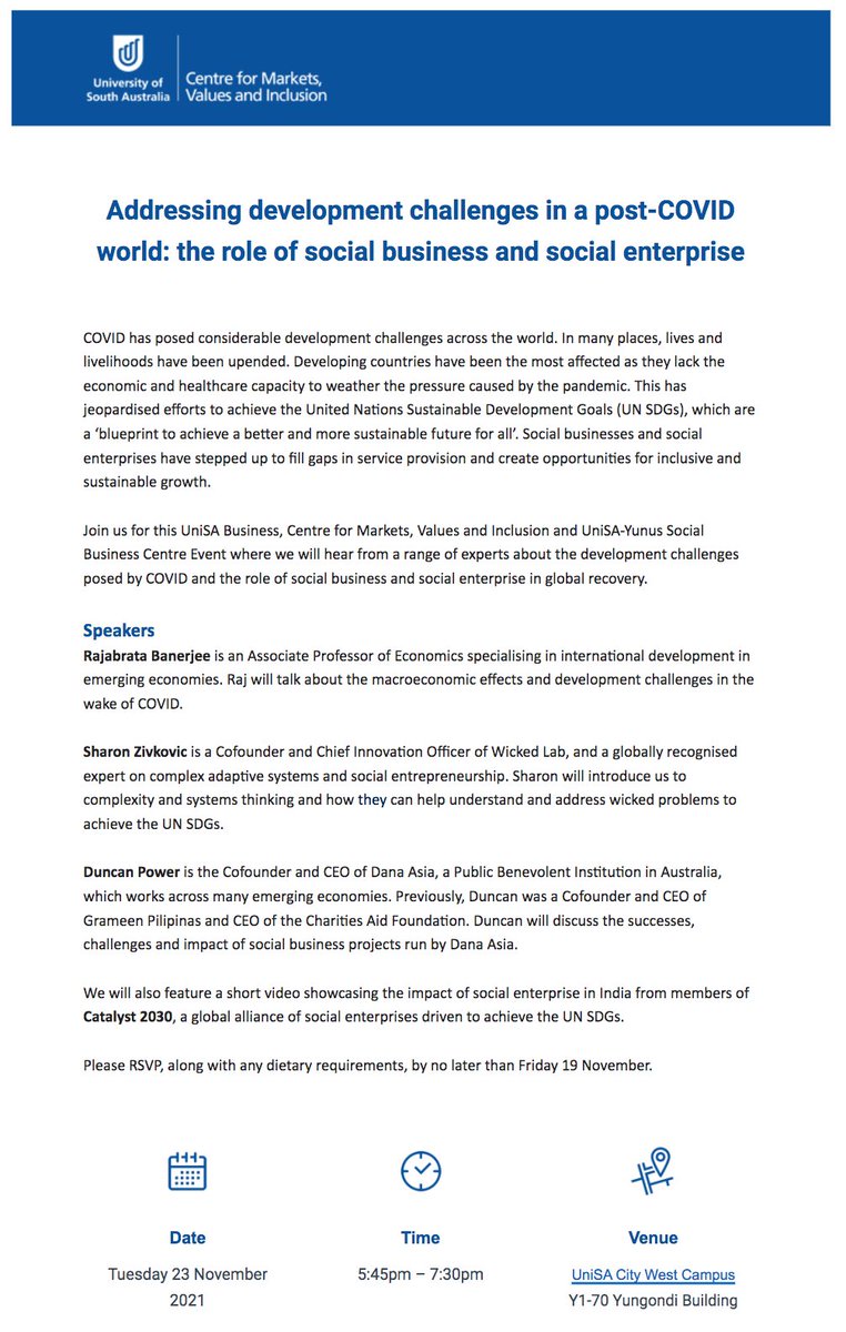 Looking forward to presenting at this hybrid Social Enterprise event being organised by @UniversitySA Business, Centre for Markets, Values and Inclusion and UniSA-Yunus Social Business Centre. This is the link to register for in-person and online: eventbrite.com.au/e/unisa-busine… #socent