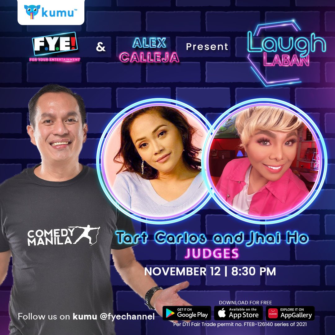 ABSCBNpr's tweet photo. Tuloy-tuloy ang labanan ng jokes kasama ang guest judges na sila Tart Carlos & DJ Jhai Ho! Sino kaya ang mga malalaglag mula sa Top 12? Abangan yan bukas, 8:30PM sa #LaughLaban on @fyechannel sa kumu! Still don’t have kumu app? Use this link to download: https://t.co/mHWRpoq9jx https://t.co/RqIeH1qg6r