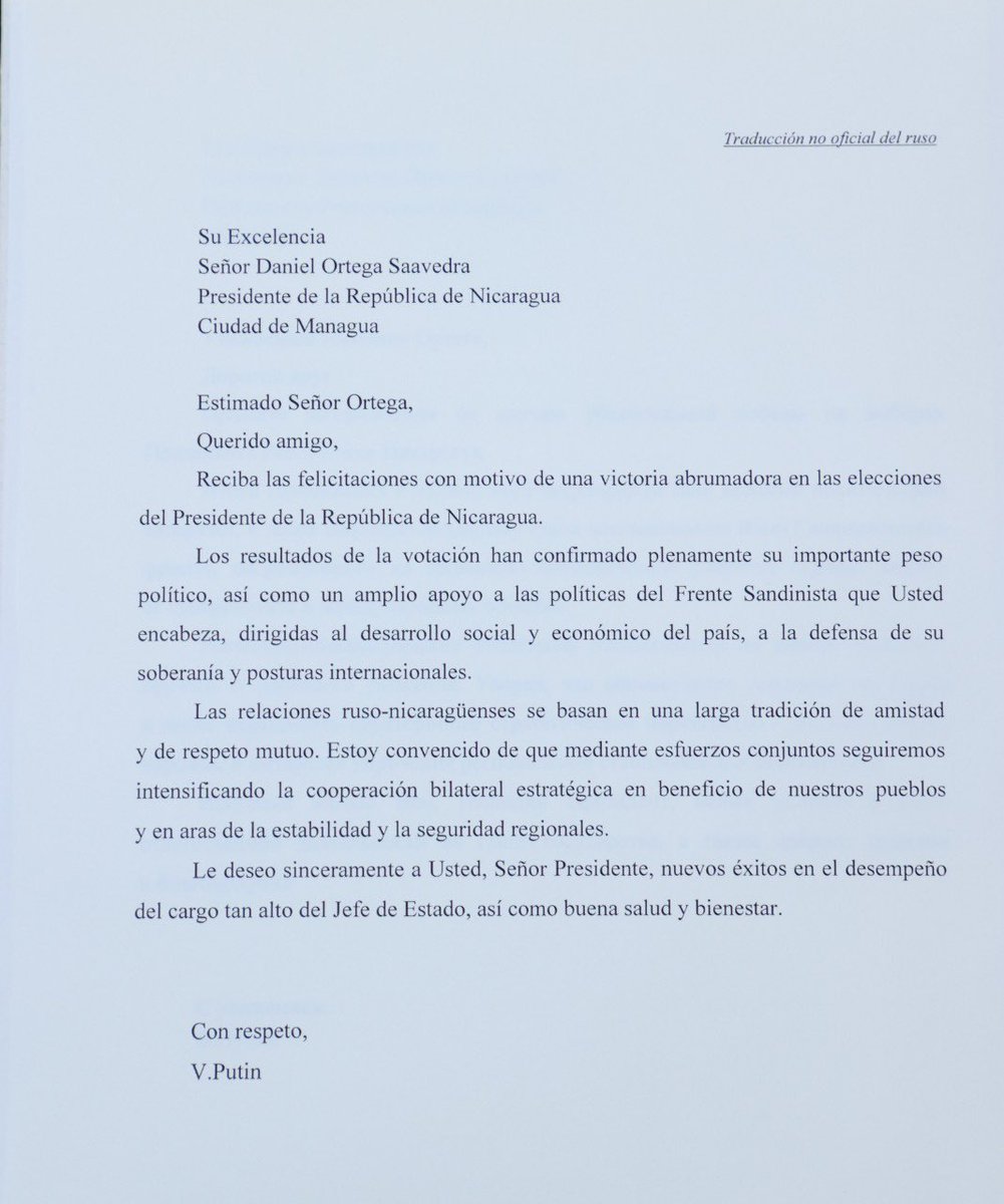 jpmasespanol's tweet photo. El Presidente de la Federación de #Rusia, Vladímir Putin, envió al Presidente de #Nicaragua, Daniel Ortega, un mensaje de felicitación por la victoria electoral del Frente Sandinista en las pasadas Elecciones Generales realizadas el 07 de noviembre. https://t.co/daUQipxGrl