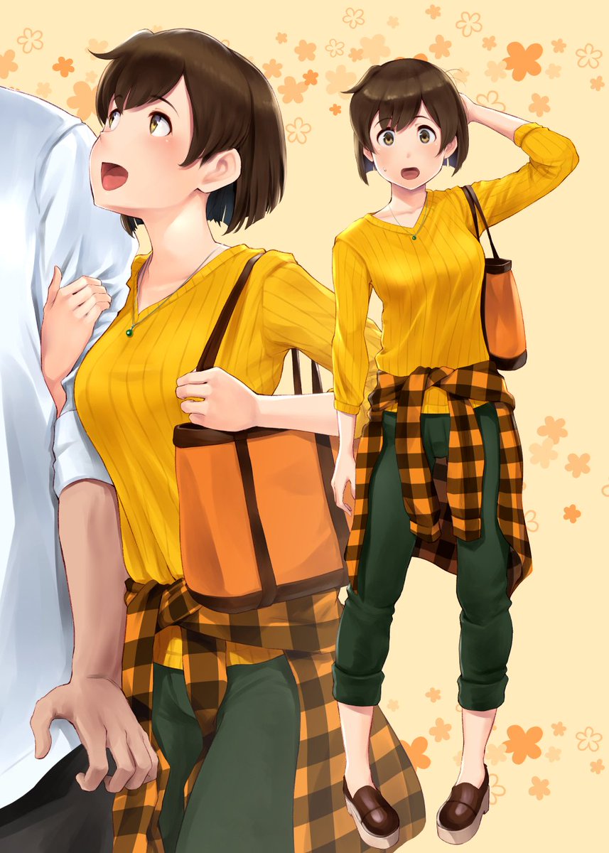 hiryuu (kancolle) 1girl green pants brown hair short hair open mouth sweater bag  illustration images
