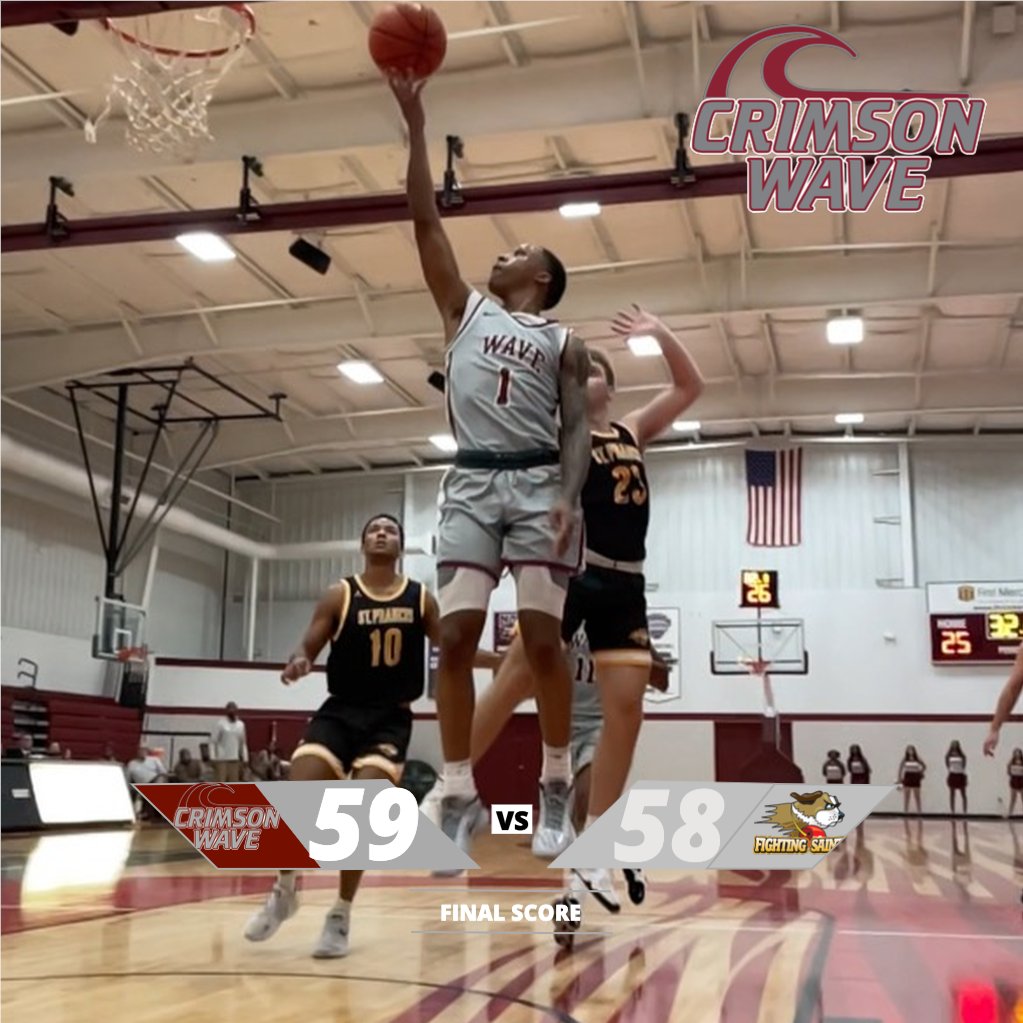 CCSJAthletics's tweet photo. In a last second 3-pointer, #33 Wyatt Hughes put the Crimson Wave ahead of @USFSaints to win the Home opener 59-58!

Crimson Wave MBB are back in action on Saturday at Trinity Christian. https://t.co/yXlxrDhfCb