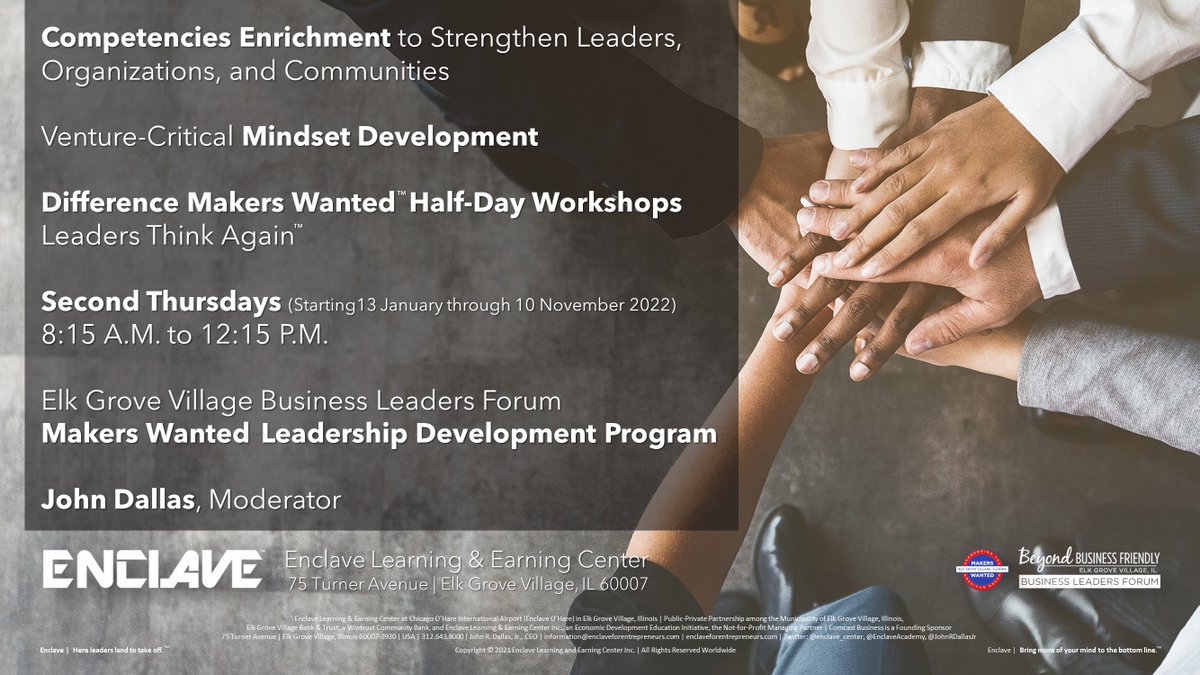 JohnRDallasJr's tweet image. Cohort 2022 is forming for @EGVBusinessPark&apos;s Difference #MakersWanted™ Half-Day Workshops Series for Venture-Critical #MindsetDevelopment. Leaders of organizations with operations within the nation&apos;s largest business park may qualify for a tuition-free scholarship. DM for info.