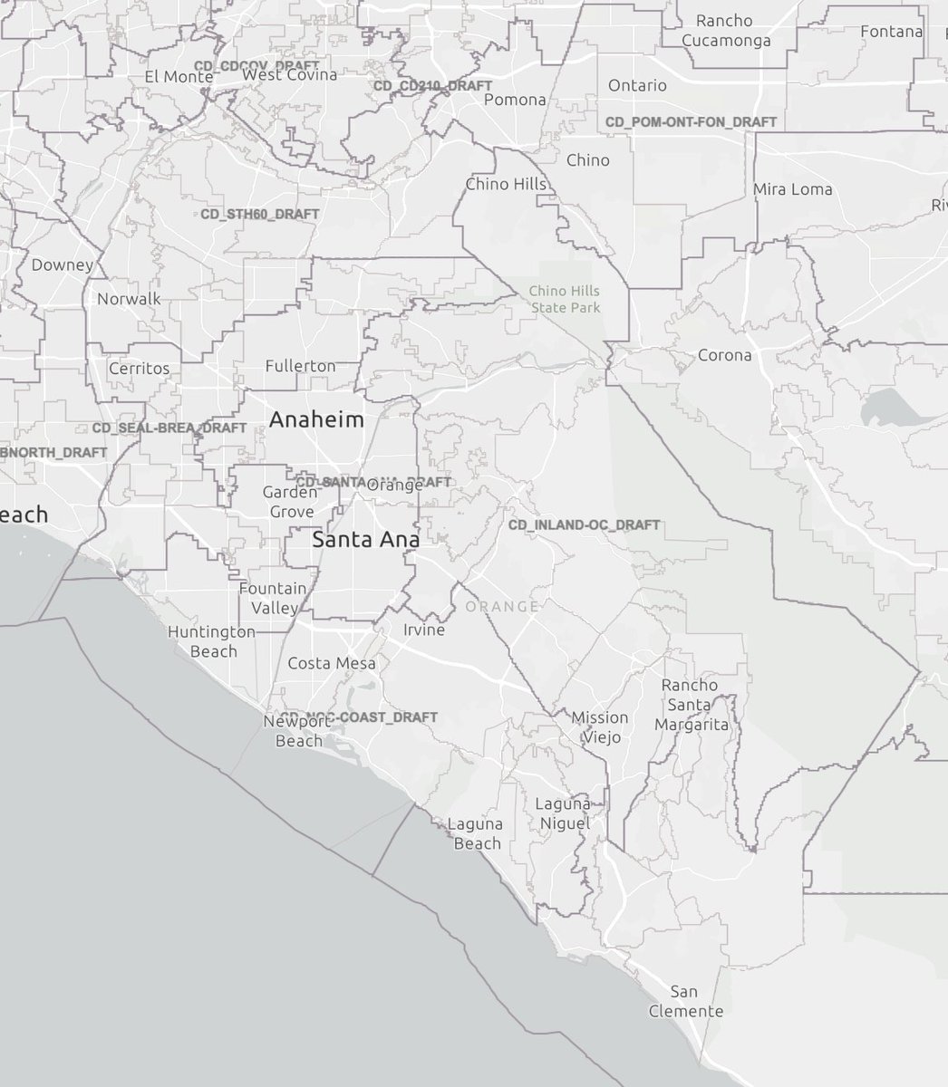 DamonMag's tweet photo. California #redistricting draft maps were released today. First look at Orange County congressional districts:

Porter's (previously #CA45) would become more competitive.

Steel's (#CA48) would become a lot bluer.

Kim's (#CA39) would become slightly bluer and a lot more Asian. https://t.co/6SQO5ABRub