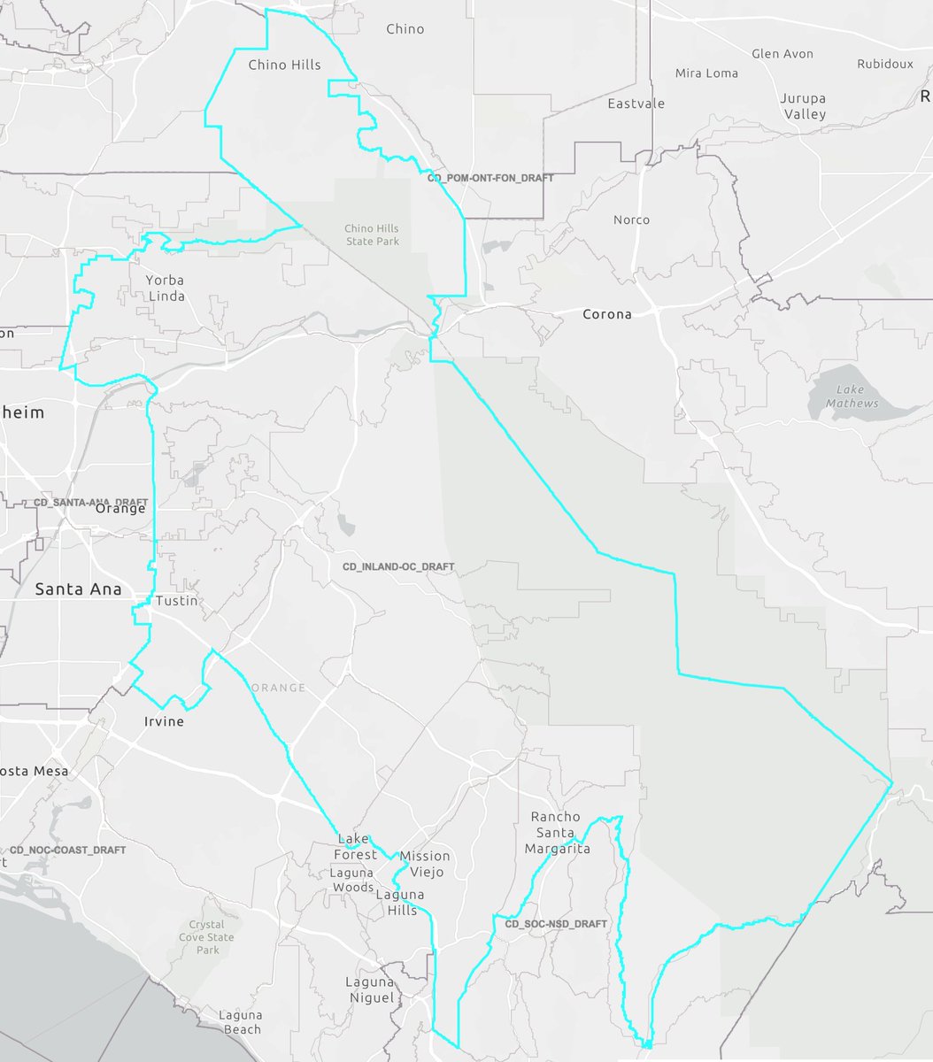 DamonMag's tweet photo. The proposed district "Inland OC" splits Irvine and puts Katie Porter outside of her current #CA45. By giving the bluer half of Irvine to "North OC Coast," the old #CA48 becomes more D-leaning. If finalized, why wouldn't Porter stay in her side of Irvine and challenge Kim? https://t.co/LTvEW1wuk5