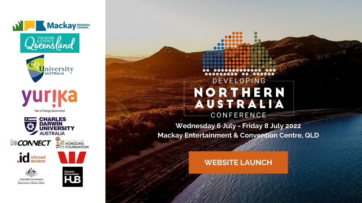 DevelopNorthAus's tweet photo. Our team and the program advisory committee are pleased to announce the launch of the 2022 Developing Northern Australia Conference website.
Join us on our journey in advancing Australia's north.
Website: https://t.co/Z5w1VrI7kQ #DEVNTH @mackaycouncil @CQUni https://t.co/I4hIUtzAei