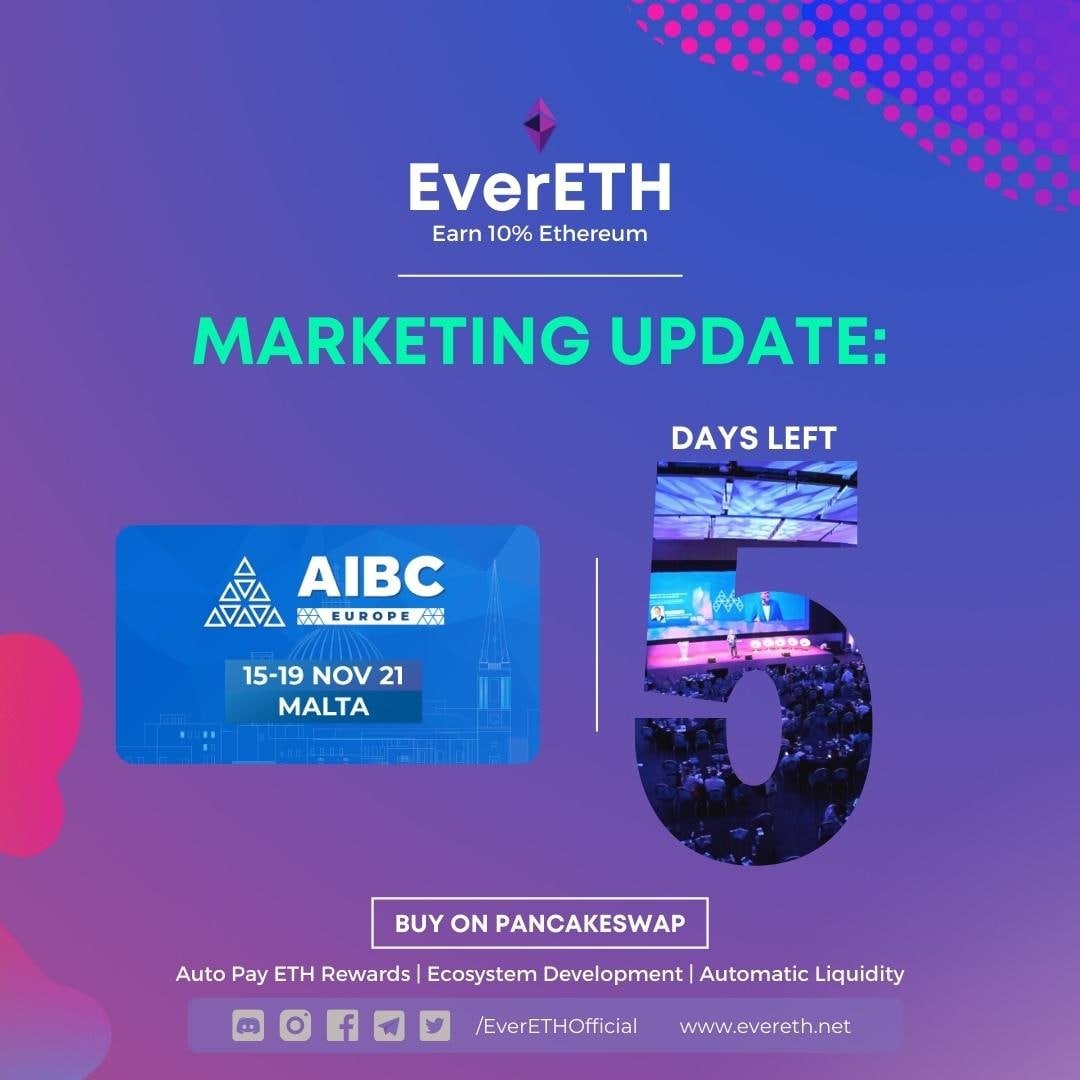 EverETHofficial's tweet photo. MALTA EVENT UPDATE:

🕺💃 5 DAYS LEFT 🕺💃

GETTING CLOSER! 💕 #EverETH will be attending the AIBC Summit in Malta November 15-19th 🚀🚀

#EverETHDomination

https://t.co/kmBfN3t2pE

#Ethereum #Eth #Altcoin #Altcoins #BSC #BSCGems #ToTheMoon #DiamondHands #BullishAF https://t.co/cdf8gz2Uz0
