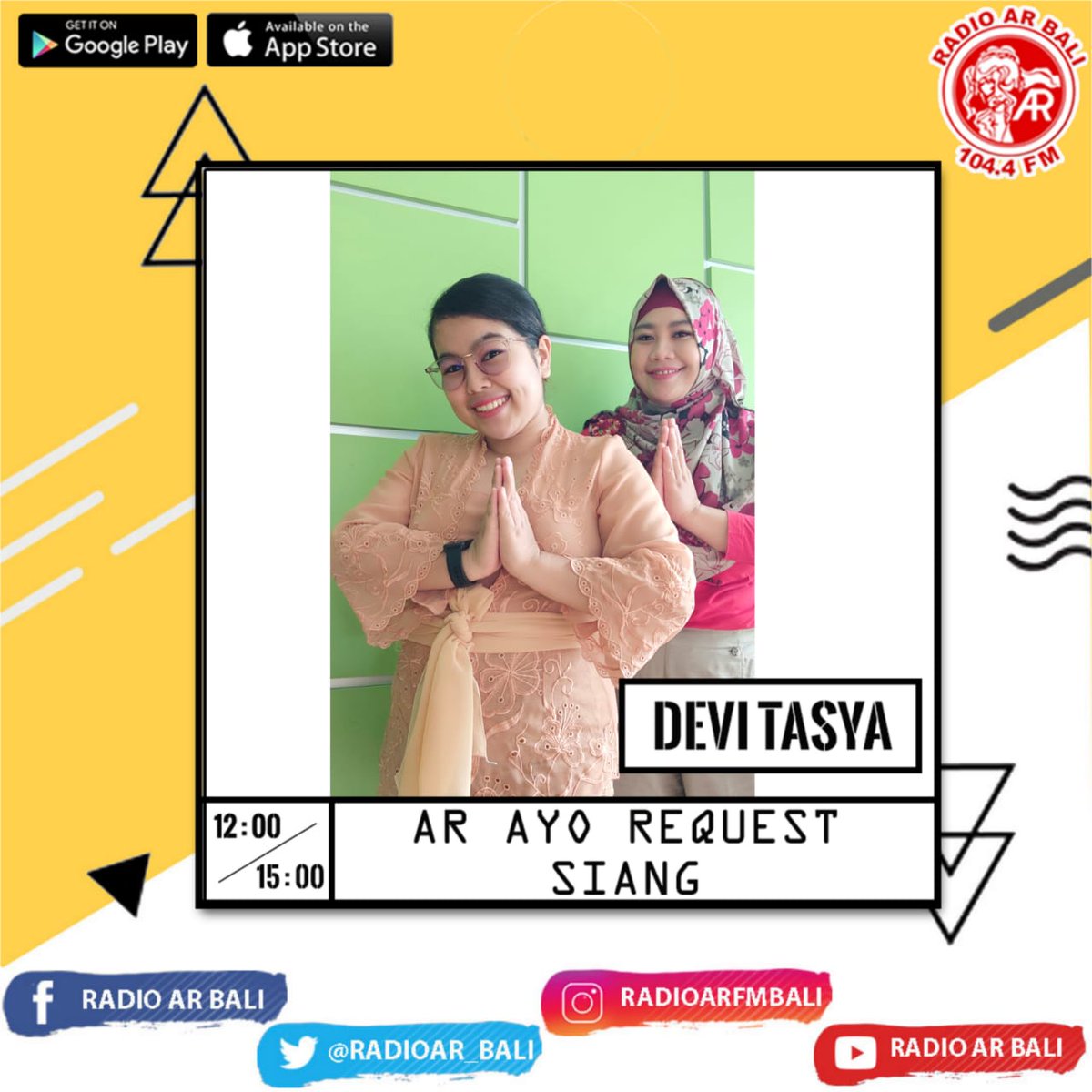 RadioAR_Bali's tweet photo. Umanis Galungan ditemani Duo Chabiee "Devi Tasya" yang manis ๐, untuk mengudara sampai jam 3 sore nanti ๐โบ๏ธ๐๐ป
#DuoChabiee #DeviTasya #ARAyoRequest #November #42TahunMengudara #KarenaKita #TemanSetia https://t.co/DDN80d2U8a