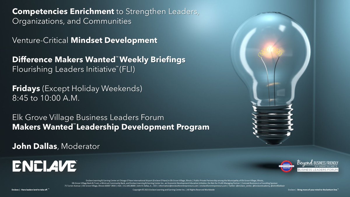JohnRDallasJr's tweet image. Every Friday, #leaders gather online from for-profit and not-for-profit organizations located in the commercial and residential sections of @EGVBusinessPark. Following Morning Announcements, a guest speaker or curated recorded resource is heard then discussed. #MindsetDevelopment