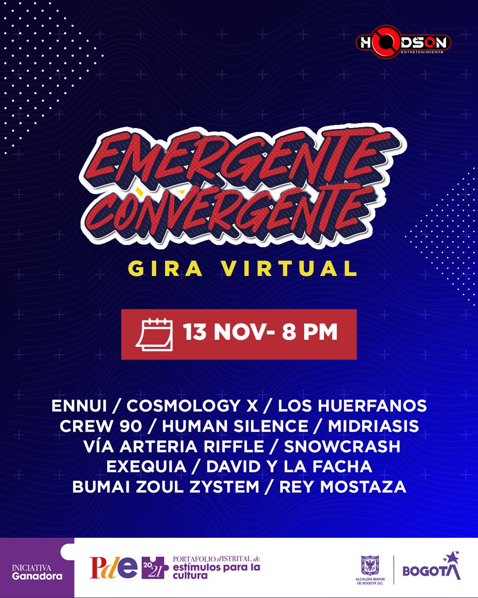 Crew90rock's tweet photo. 3 días llenos de Rock n’roll con @EntHodson pilas! 12,13 y 14 Nov! Gracias @CulturaenBta!
5 ciudades! +30 Artistas! UNA LOCURA! #emergenteconvergente #crew90 #Giravirtual #Colombia https://t.co/hdVT0ooZfI