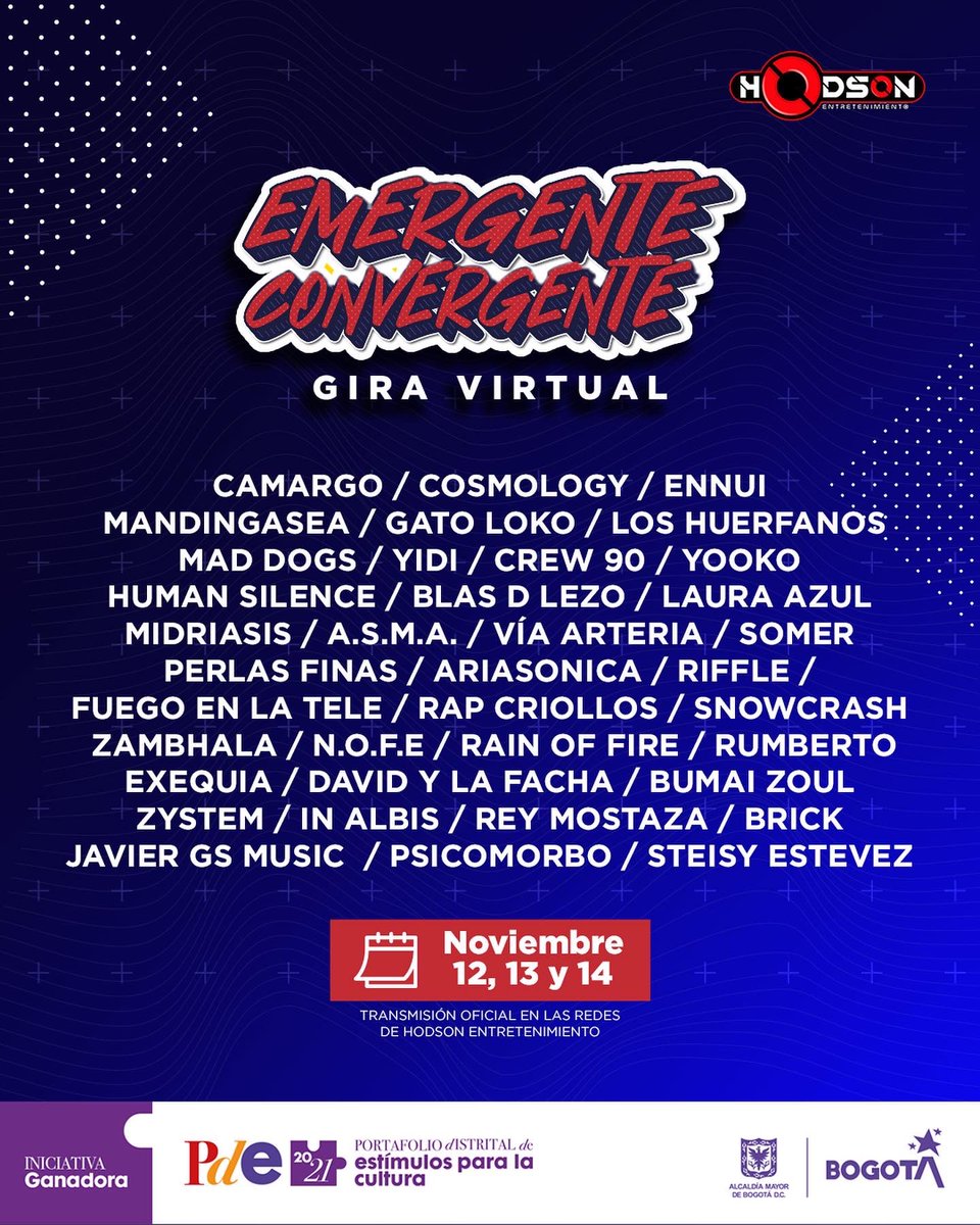 Crew90rock's tweet photo. 3 días llenos de Rock n’roll con @EntHodson pilas! 12,13 y 14 Nov! Gracias @CulturaenBta!
5 ciudades! +30 Artistas! UNA LOCURA! #emergenteconvergente #crew90 #Giravirtual #Colombia https://t.co/hdVT0ooZfI
