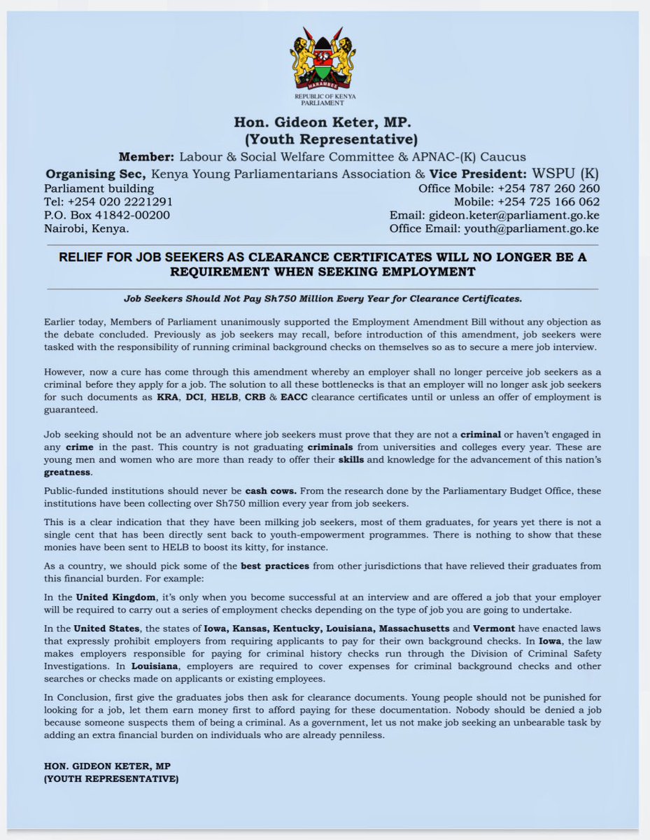 This is great news for graduates. Relief for jobseekers as clearance certificates will no longer be a requirement when seeking employment. Well done <a href="/GideonKeter/">Gideon Keter</a> but I think we should go further and make those certificates FREE of charge when required by jobseekers.
