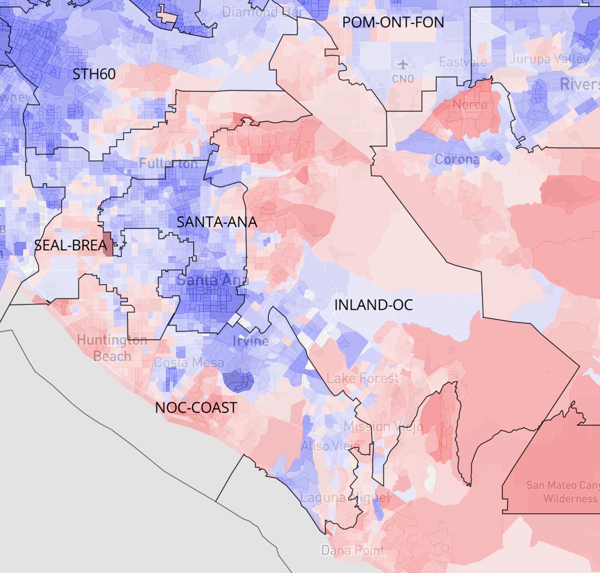 DamonMag's tweet photo. Expanding on this with a better map:

If I were Katie Porter, and if this were the final map, I'd happily "move" to the North OC Coast district and comfortably kick Michelle Steel out! 

On the flip side, the Inland district would be only lean-D, maybe even toss-up. https://t.co/syPnWs46gD