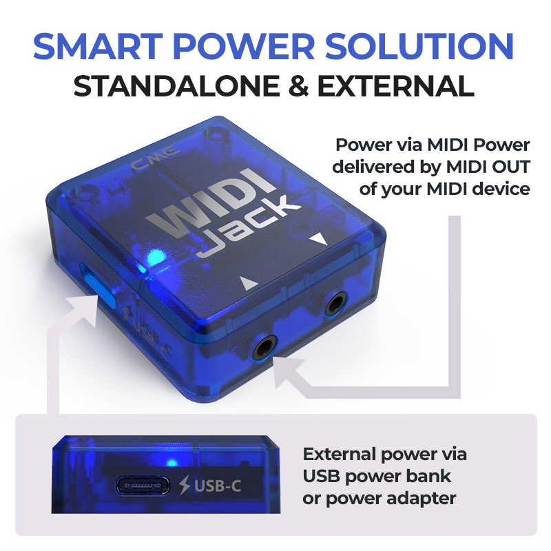 CMEPro1's tweet photo. ✅ Standalone via MIDI Power
➕ External power via USB-C
➕ Expandable to TRS MIDI

#widijack https://t.co/hblPwdEVmr
