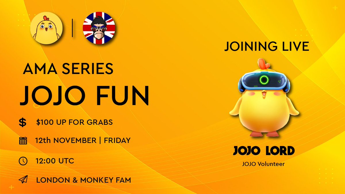 TheEliteCrypto's tweet photo. 1/2
⭐️ London &amp; Monkey Fam is excited to host #AMA with @JOJOMetaverse  ⭐️

🏠 Venue: https://t.co/myPgWjml8k
⏰ Date &amp; time: 12 November, 12:00 UTC
🏆Prize Pool: $100 BUSD 

Like, retweet &amp; comment your questions below❤️💛
Rules : Follow @
@TheEliteCrypto
Join: https://t.co/Onr4jwpsd5