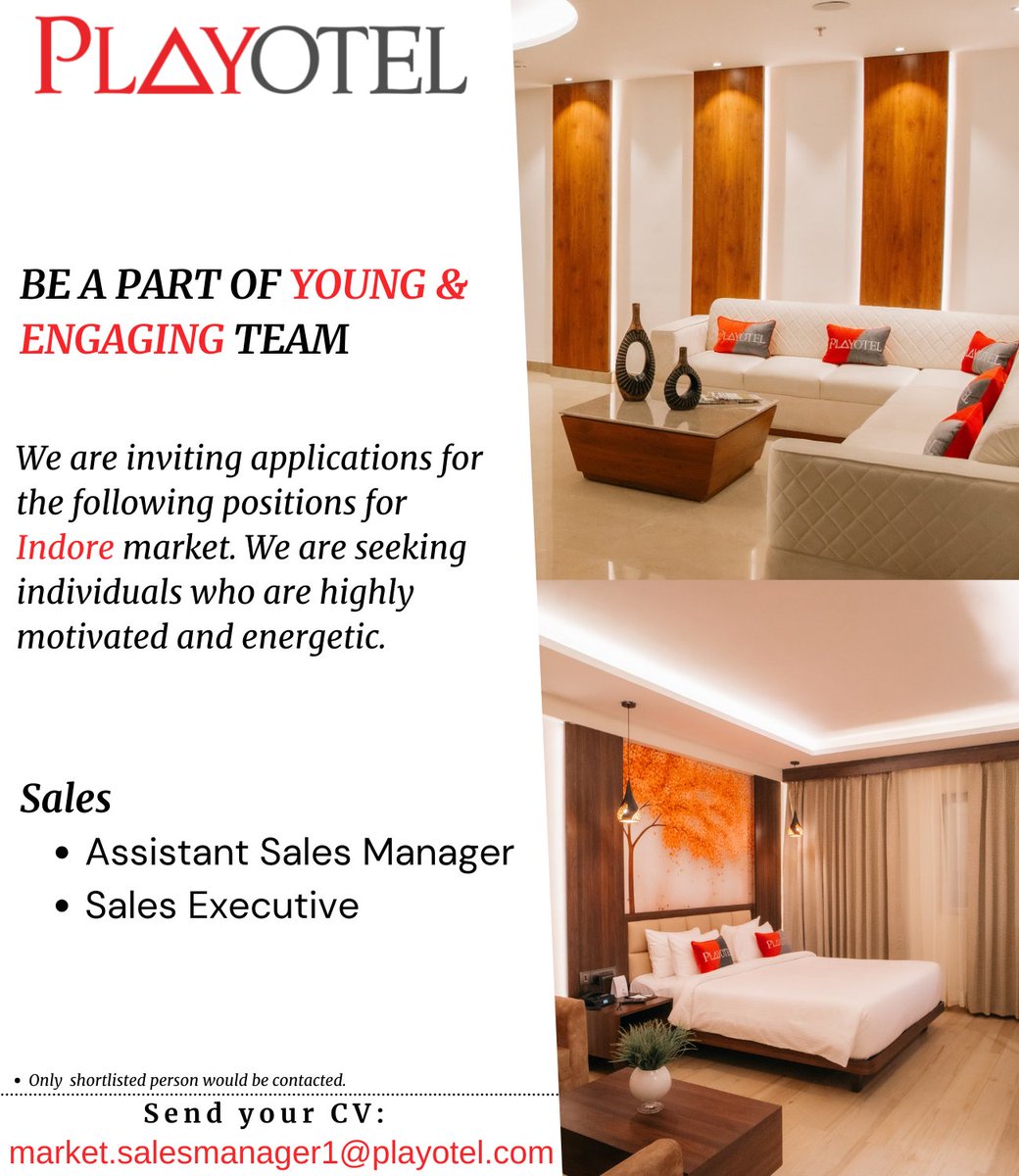 playotelhotels's tweet photo. “We’re Hiring”
Be a part of young and engaging team.
Resumes are invited at- market.salesmanager1@playotel.com
.
.
.
.
#careers #recruitment #jobseeker #jobvacancies  #playotel  #indorelocation #indorejobs #jobsearch #jobsonlinkedin #salescareers #salesexecutives #salesmanager https://t.co/z6ELnjoejc