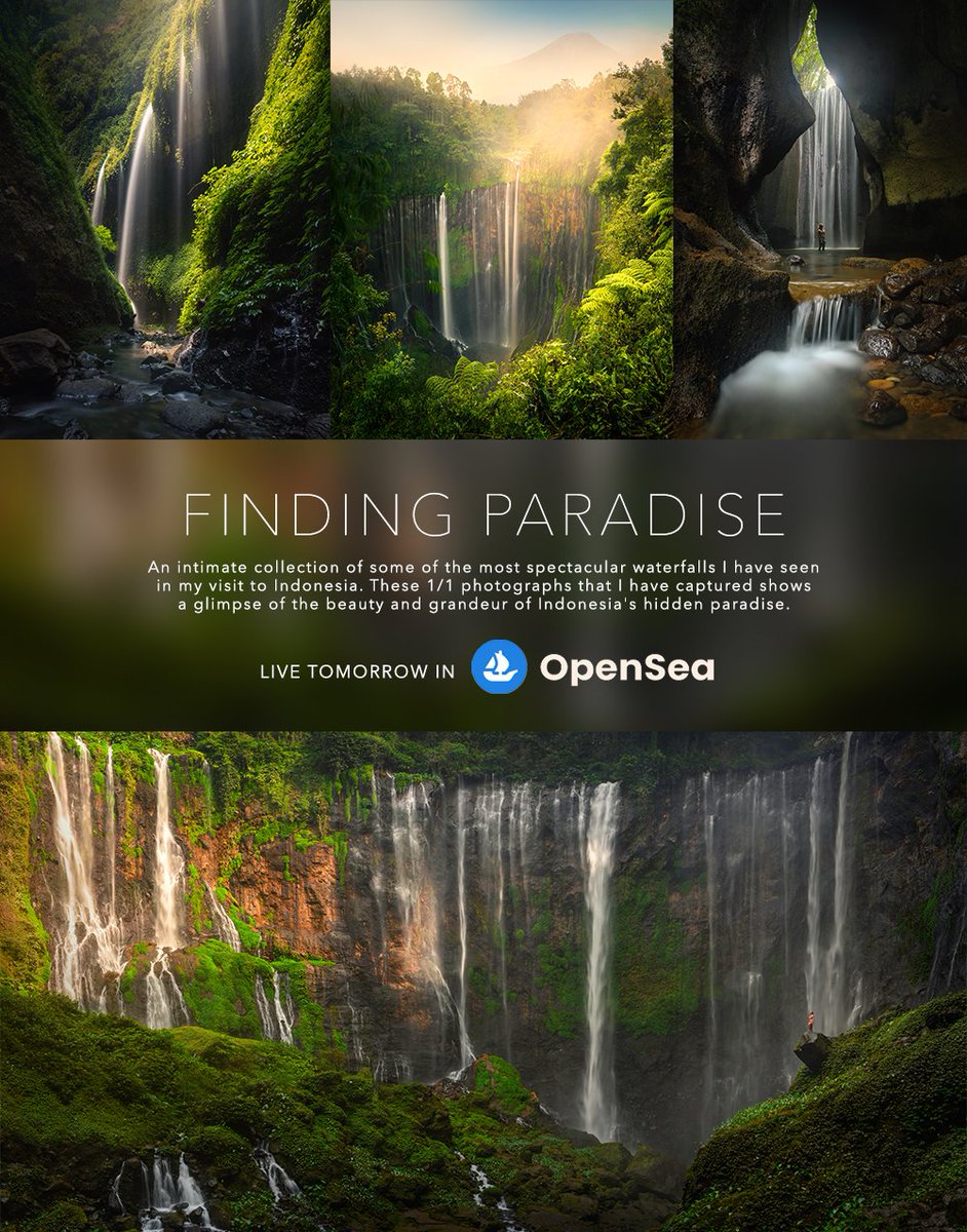 GM - GE fam! I'm excited to announce that I will be releasing an intimate collection of photographs showcasing some of the most spectacular waterfalls in Indonesia. Going live tomorrow in <a href="/opensea/">OpenSea</a>.

Hope you can help me spread the word by RT 😍

#nftcollectors #nftphotography