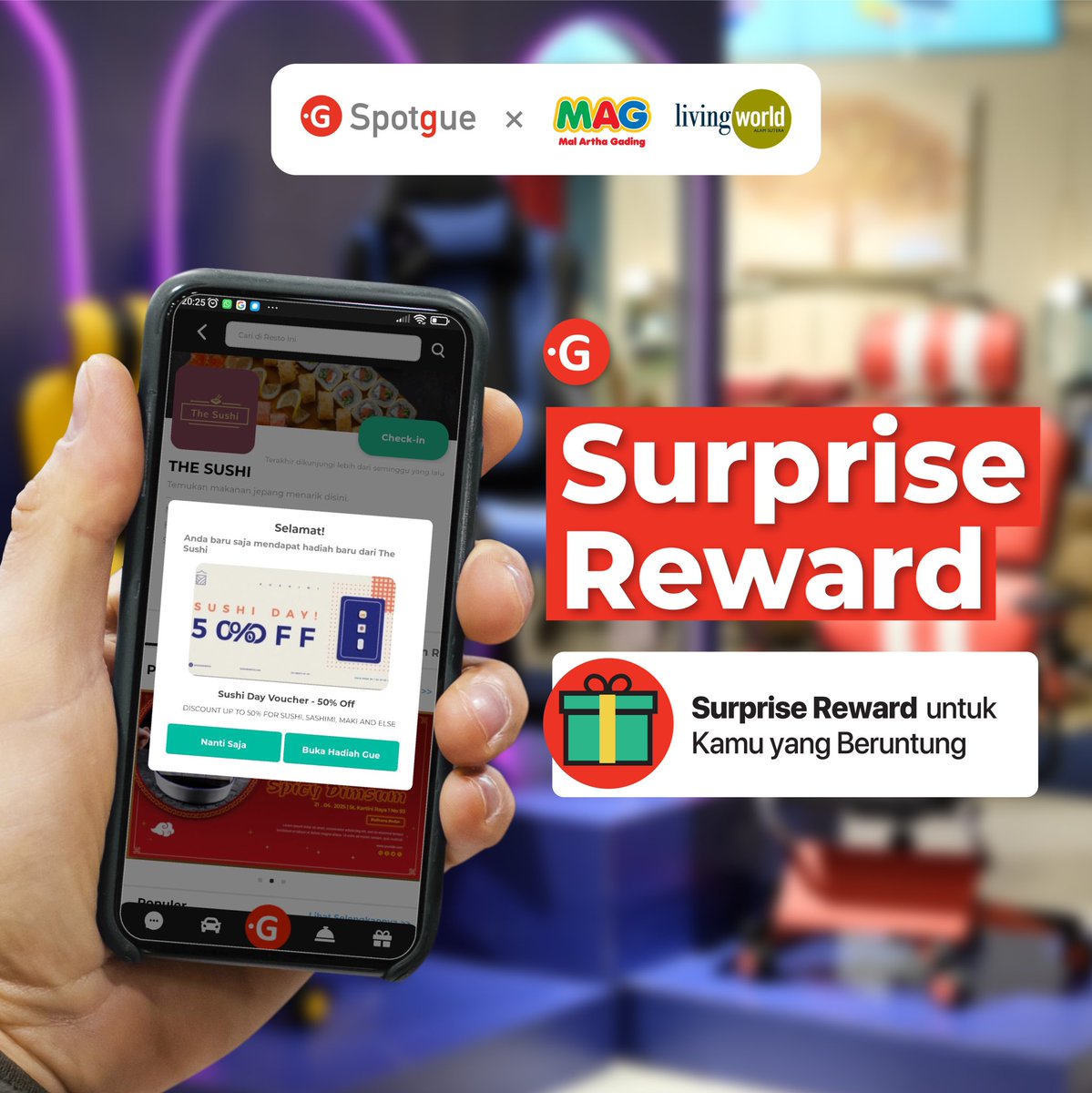 SpotgueOfficial's tweet photo. Siapa yang suka dapetin voucher? Dapatkan Reward dan Voucher dari tenant kesayanganmu di aplikasi Spotgue! ✨

#malarthagading 4.0 #malarthagading #Spotgue #BanggaBuatanIndonesia #PertamaDiDunia #MakingIndonesia 4.0 https://t.co/a4y38ae6qf
