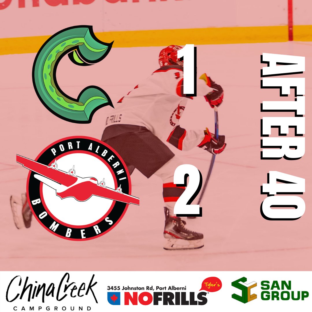 PortBombers's tweet photo. 40 minutes down and we're up 2-1 over the @CowichanKraken 

Shots are now 26-10 in favour of the Kraken https://t.co/lnGK3okYaw