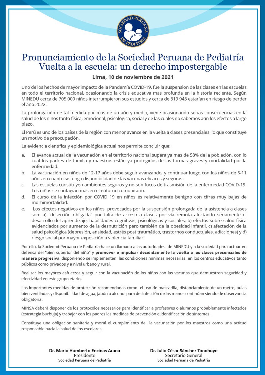 spp_org's tweet photo. 📢 Pronunciamiento de la Sociedad Peruana de Pediatría "Vuelta a la escuela: un derecho impostergable"
#sociedadperuanadepediatria #DeVueltaAlCole #DeVueltaAClases #SPP https://t.co/dmCmLSCili