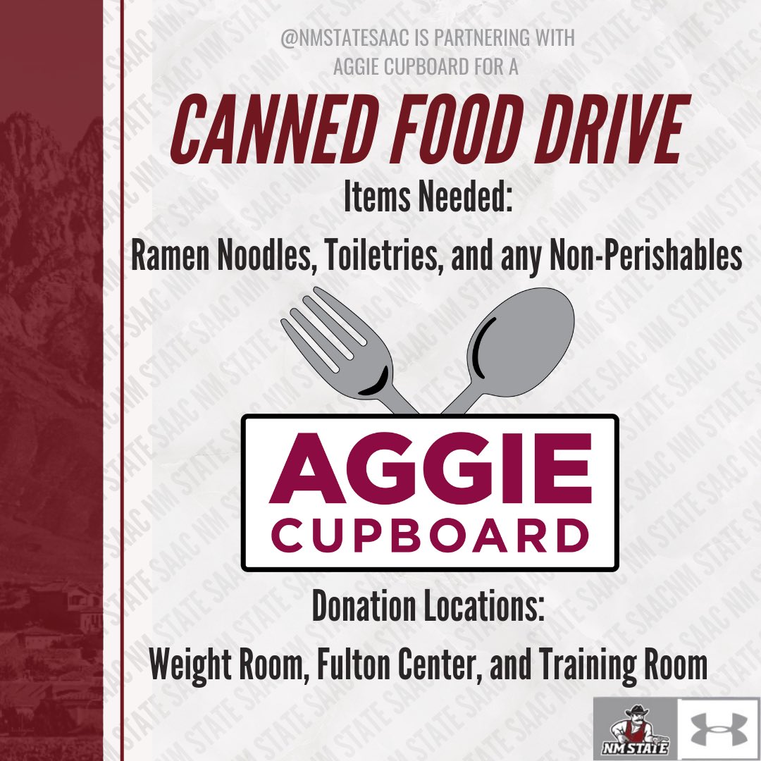 NMStateSAAC's tweet photo. It’s that time of the year where we should give back! We have partnered with Aggie Cupboard for a food drive running from November 10th to November 30th. Bring by your canned goods &amp; non-perishables to the weight room, training room, or the Fulton center! https://t.co/AlZMQ8bizg