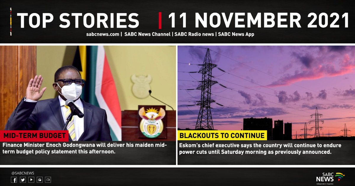 SABCNews's tweet photo. #SABCNews Top Stories for 11 November 2021
For more visit https://t.co/TS6YUmN424
#Eskom #Stage4 #eskomrollingblackouts #sainthedark #electricitycrisis https://t.co/LdW1BboEeG
