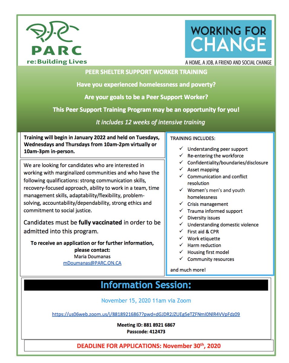 TODropinNetwork's tweet photo. Our partner Working for Change and drop-in member @PARCtoronto are accepting new applicants for their Peer Shelter Support Worker training! We co-deliver this excellent training for PWLE, which includes financial compensation and tokens for all program participants. Info below! https://t.co/emi5ZtlIt8