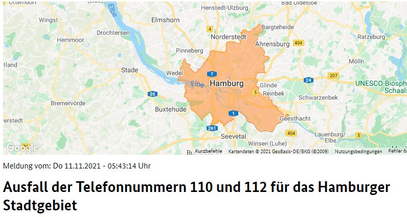 FeuerwehrHH's tweet photo. ⚠ NOTRUFAUSFALL in #Hamburg
Aktuell sind #Notruf 112 und 110 ausgefallen und nicht erreichbar.
Im Notfall ☎ 42851-4999 wählen.
Oder die #NotrufApp #Nora nutzen, die funktioniert.
https://t.co/2UCAErCdNx
#EinsatzfuerHamburg #Notrufausfall @PolizeiHamburg @hamburg_de https://t.co/JtVGC1j189
