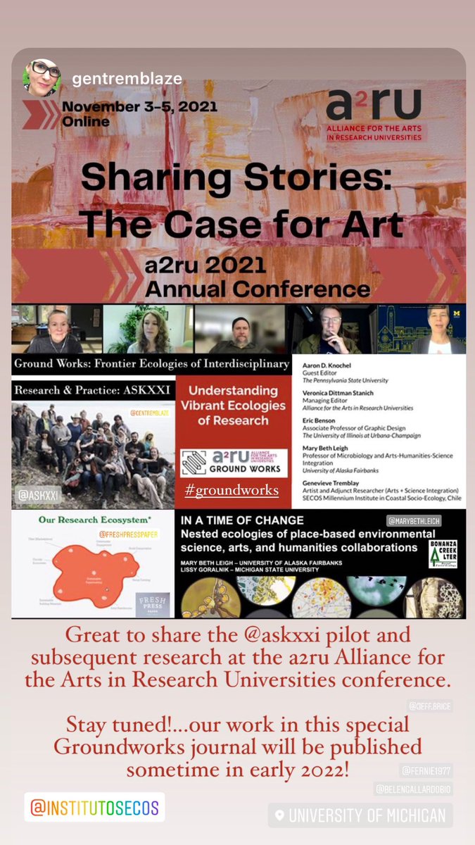 GenTremblaze's tweet photo. Such a treat to share ASKXXI:Arts+Science Knowledge Building and Sharing in XXI Century pilot &amp; soon to be published research @a2ru_News a2ru conference panel: Ground Works: Vibrant Ecologies of Research
#askxxi #bonanzacreekLTER #freshpresspaper #aaronknochel #veronicastanich https://t.co/rhSOIyCnkc