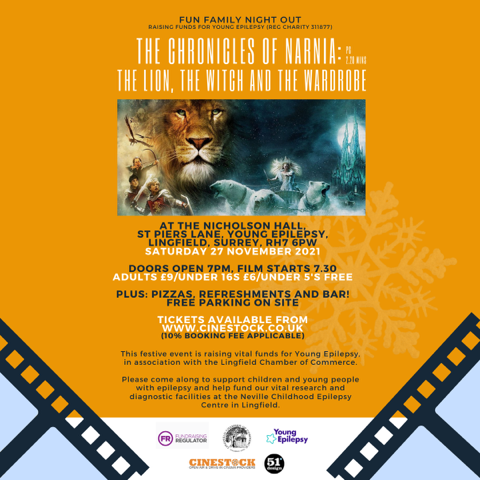 youngepilepsy's tweet photo. Join us for our cinema screening of The Chronicles of Narnia on Saturday 27th November.

In association with the Lingfield Chamber of Commerce, this event is raising vital funds to support children and young people living with epilepsy.

Find out more: https://t.co/K9sOnwcZod https://t.co/6OctzFYYS5
