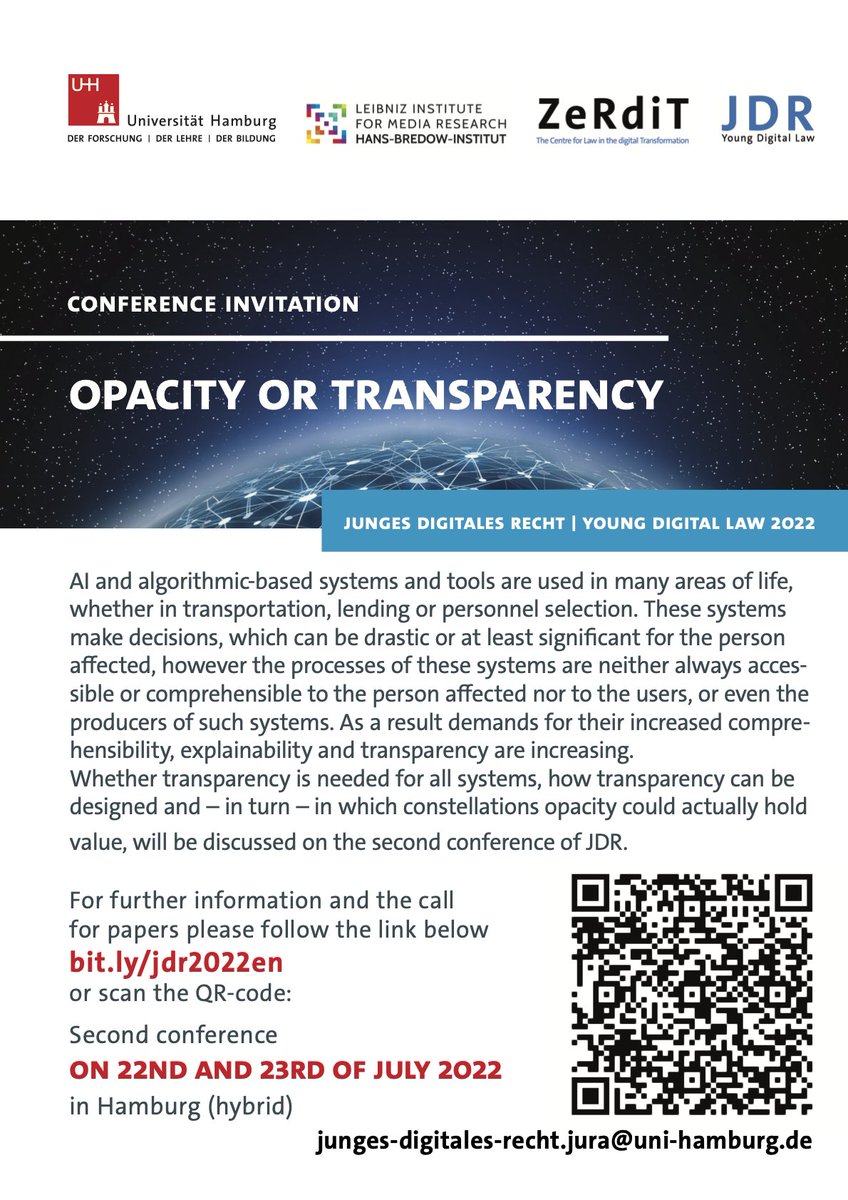 RechtJdr's tweet photo. The CfP for the second JDR conference on 22nd/23rd of July 2022 in Hamburg is now online! 
We are looking forward to german and english contributions!
https://t.co/fNJgs2wZv8
#ai #algorithm #legaltech #digitalization #jdr #conference #CfP @juraunihamburg @BredowInstitut https://t.co/OMCvjmMOmo