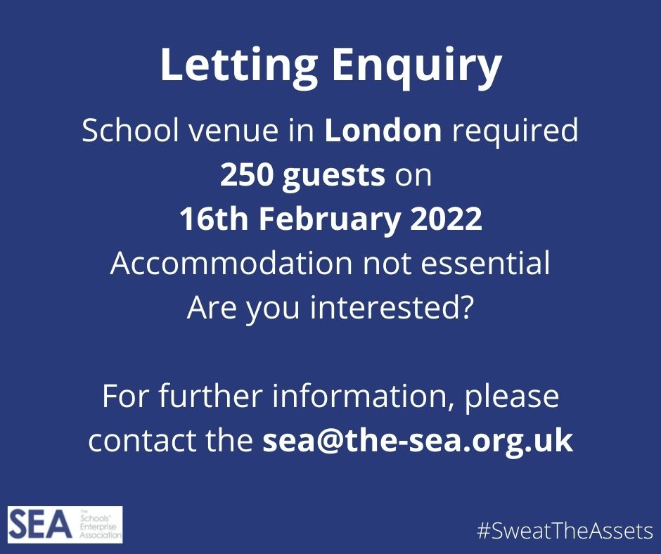 beautschools's tweet photo. LETTING ENQUIRY - Is your school based in or around London? Do you have availability for 250 guests on 16th February 2022. 

Please get in touch with us via email for more information - email sea@the-sea.org.uk⠀⠀
⠀⠀
#schoolsenterprises #beautifulschools #SweatTheAssets https://t.co/om9rxSugza