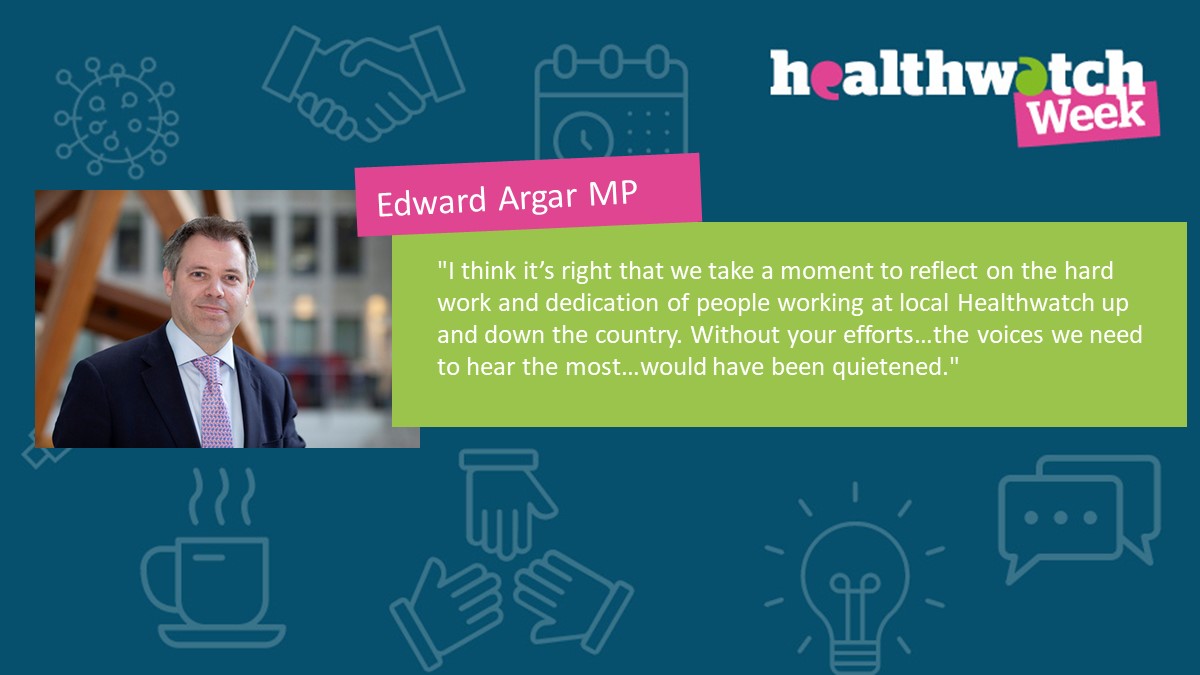 HealthwatchE's tweet photo. To kickstart day three of #Healthwatch2021 Edward Argar MP, Minister of State for Health and Social Care shares a message about the important role of Healthwatch staff and volunteers across the country https://t.co/zILSZ1Gw6d