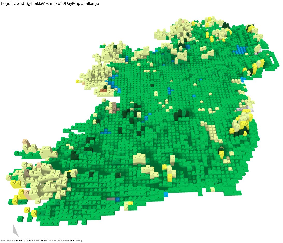 HeikkiVesanto's tweet photo. #30DayMapChallenge Day 11 "3D" - Lego Ireland

Created in #QGIS with QGIS2threejs.

Interactive: https://t.co/6nKNceVSAT

Elevation from SRTM and land use from CORINE. https://t.co/kpXPvHTDx7