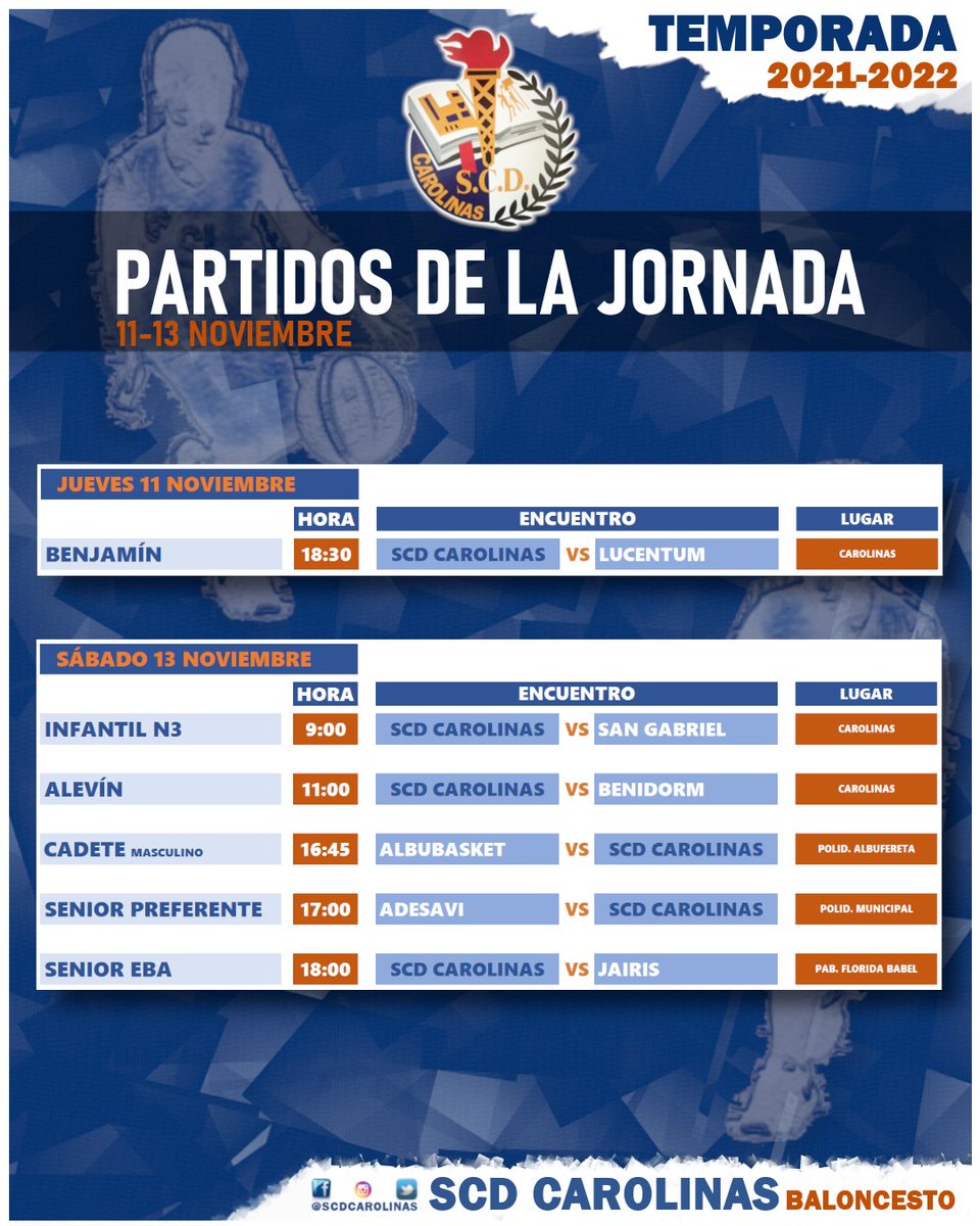 scdcarolinas's tweet photo. 🟦PARTIDOS DE LA JORNADA
📆[11-13 noviembre]
#Vamoscarolinas!!!
#Alicante #Baloncesto #Basketball #Deportes @fbcv_es https://t.co/J0JbjDZpM7