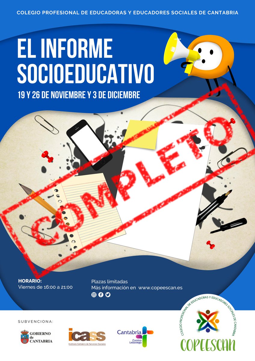 copeescan's tweet photo. ℹ️ CURSO COMPLETO. CIERRE DE INSCRIPCIONES.
Dada la gran aceptación del curso "El informe socioeducativo" y su limitación de plazas, cerramos la inscripción.
#CompromisoConLaEducaciónSocial #COPEESCAN #FormacionPermanente #LaEducaciónSocialEsNecesaria #Colégiate https://t.co/wYdb4kng8l