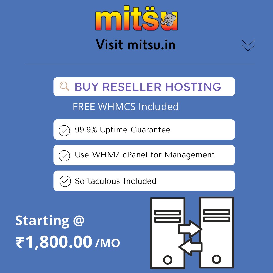 "You can get Reseller Hosting with FREE WHMCS at just Rs. 1,800.00 /MO. What’s more?
-99.9% Uptime Guarantee.
- Use WHM/cPanel for Management
- Softaculous Included
"
#website #hosting #webhosting #websitedesign #resellerhosting #whmcs #cpanel #business #mitsu
