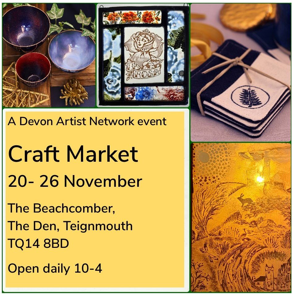 DevonArtistNet's tweet photo. Members of Devon Artist Network will be at a pop-up craft market in the Beachcomber 20 - 26 November. Don’t miss the opportunity to buy fabulous handmade gifts and meet the artists who made them. #shoplocal #Devonartists #Devonmakers #Teignmouth https://t.co/1EcxfJFLsG