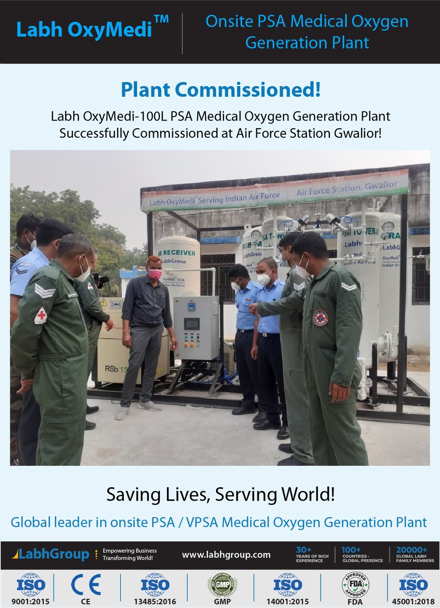 LabhGroupIndia's tweet photo. Empowering Madhya Pradesh!

Labh OxyMedi-100L has been successfully installed and commissioned at Air Force Station, Gwalior. 

This plant will help save the lives of many defense personnel.

Labh OxyMedi - Saving Lives, Serving Nation! https://t.co/fzrz8j3wtF