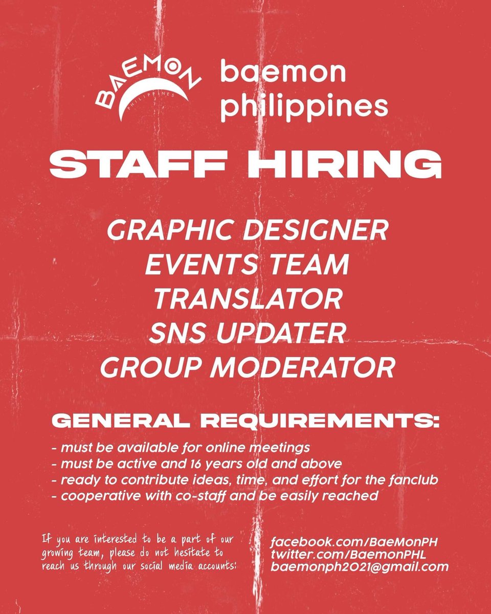 BaeMonPH_'s tweet photo. BAEMON Philippines is now looking for new people who are willing to join our team!

Registration Link: https://t.co/duCfqXaRdS

Graphic Artists/Designers
SNS Moderators Team (Twitter and Facebook)
Projects Team
Translators 

#BAEMON #베이비 몬스터즈 https://t.co/QwlzDMT0x3