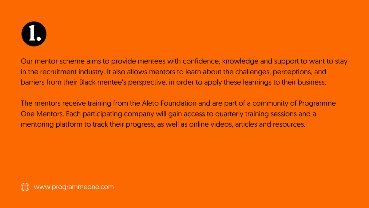 ProgrammeOne's tweet photo. The Programme One scheme aims to provide mentees with confidence, knowledge, and support to want to stay in the recruitment industry.

To find out more visit our website: https://t.co/67Z6PtonYZ

#Diversity #inclusion #mentoring #programmeone https://t.co/IRI6iEgG1E