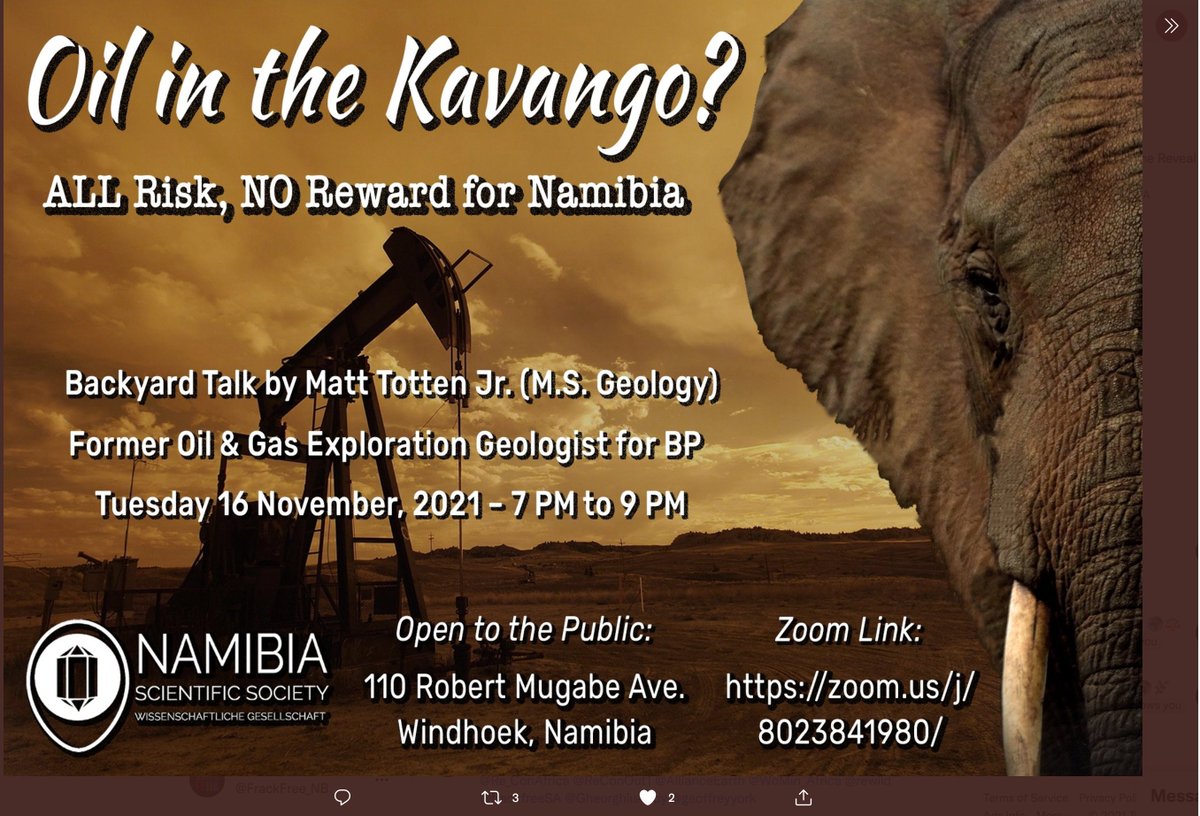 FrackFree_NB's tweet photo. Former BP oil and gas geologist Matt Totten Jr. is delivering a backyard talk at the Scientific Society in Windhoek. In person or follow on-line
📆16 November 2021
⏰ 7 - 9 PM
📍 Robert Mugabe Avenue, Windhoek
💻 https://t.co/2ck2BIhpEN
#SaveKavango #savetheokavango https://t.co/NoVFTCsuRG