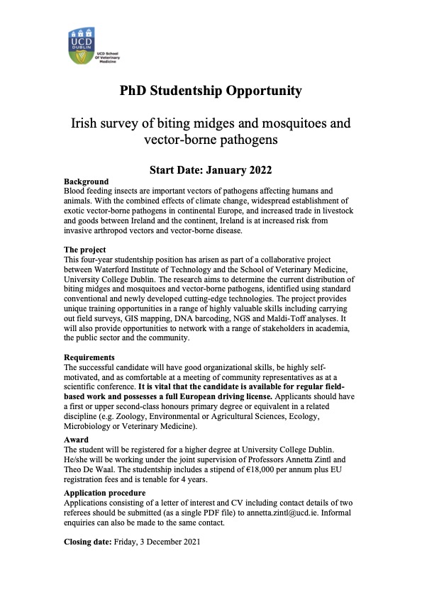 ISParasitology's tweet photo. A very interesting PhD opportunity is available in UCD working with midges and mosquitoes‼️😍🦟 https://t.co/xXSNt4x5pX