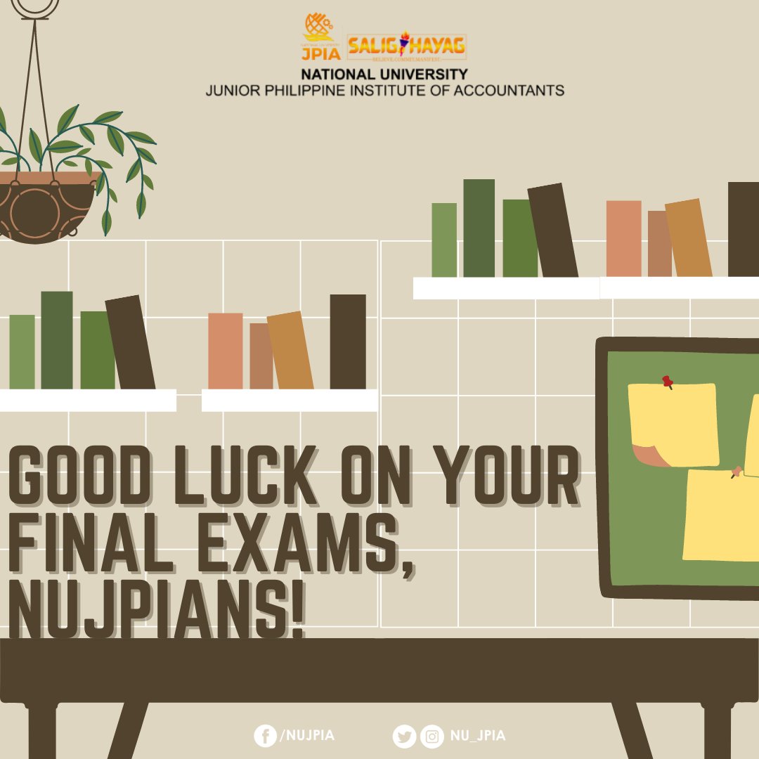 Best of luck for the Final Examination Week, NUJPIAns! 
Remember that you’ve got this! 
For soon you will reap what you sow!
Break a Leg, JPIAns! ✊💛

#FinalExamination
#NUJPIASalighayag
#BelieveCommitManifest