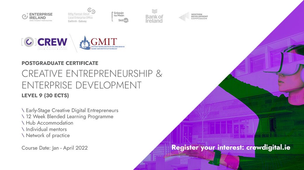 CREWDigital1's tweet photo. POST GRAD CERT 
CREATIVE ENTERPRENUERSHIP &amp; 
ENTERPRISE DEVELOPMENT 
L9 (30 ECTS) 
•Early Stage Creative Digital Entrepreneurs 
•12 Week Blended Learning Programme
•Hub Accommodation 
•Individual Mentors 
•Network of practice 
 Jan – April 2022 https://t.co/jVCXoab0w3 https://t.co/SOupptBUxk