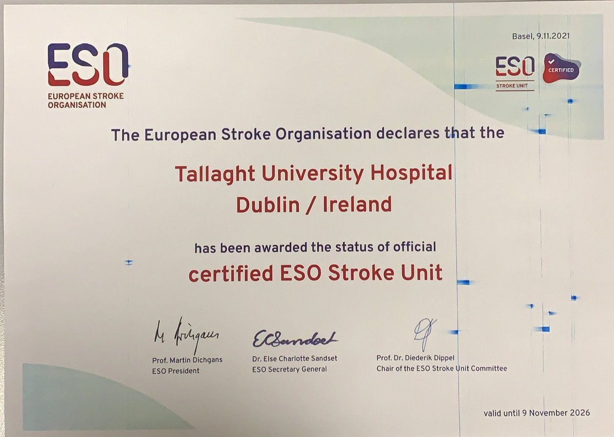 A huge achievement for TUH achieving ESO Stroke Unit certification. Thank you to all my colleagues in TUH for all the hard work in making this application possible and also in the delivery of an excellent standard of stroke care daily. <a href="/ronancollins7/">Prof. Ronan Collins</a> <a href="/CnTuh/">StrokeCNSpTUH</a> @JulieKeane16