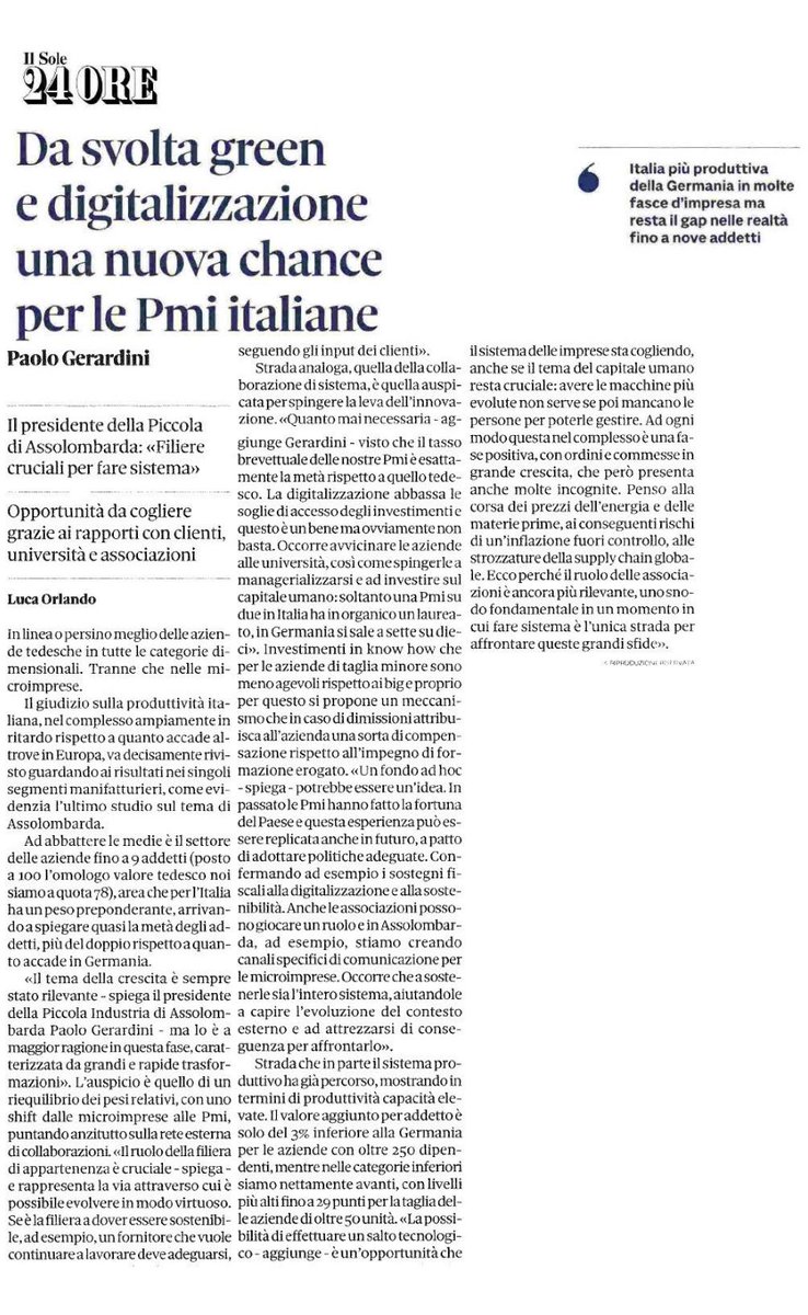 Da leggere l'intervista del Presidente Piccola Industria <a href="/Assolombarda/">Assolombarda</a> <a href="/PaoloGerardini/">Paolo Gerardini</a> 

Fare sistema per affrontare le nuove sfide delle #PMI 👏👍🇮🇹