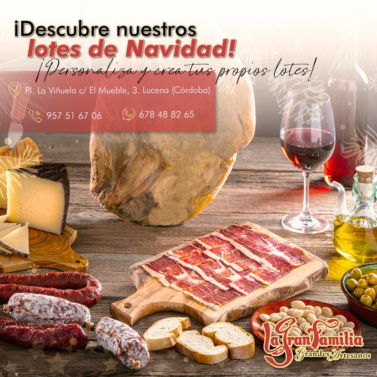 TurronesLGF's tweet image. En #LaGranFamilia también tienes a tu disposición fantásticos #lotesnavideños con productos #Premium: aperitivos, frutos secos, embutidos, quesos, vinos... 🍷  También podemos personalizar tu propio lote en función del #presupuesto que tengas ¡Contacta con nosotros! 👇🏼