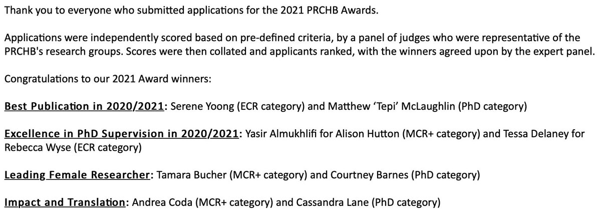 I'm honoured to have won the PRC Health Behaviour 'Leading Female Researcher' MCR award 2021 - Thank you to my amazing team @NutriEdu, inspiring mentors <a href="/ProfCCollins/">Laureate Prof Clare Collins AO</a> <a href="/JenniferDMilam/">Jennifer Milam</a> and colleagues @synapse101 🙏 Congratulations also to the other 2021 winners! <a href="/UON_research/">Uni Newcastle Research</a> 🥳